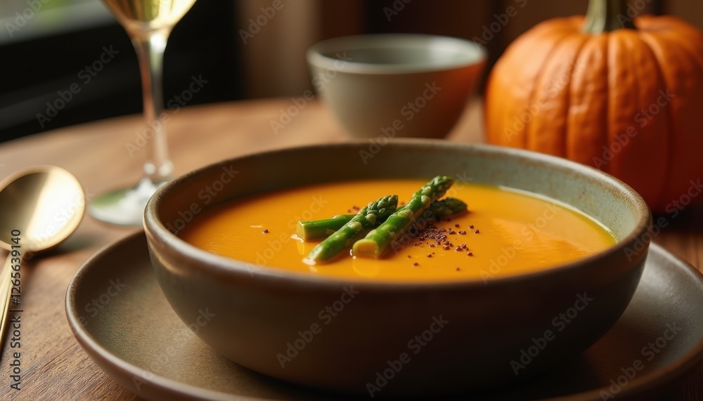 Creamy pumpkin soup with asparagus garnish in cozy setting Creamy pumpkin soup with asparagus garnish in cozy setting