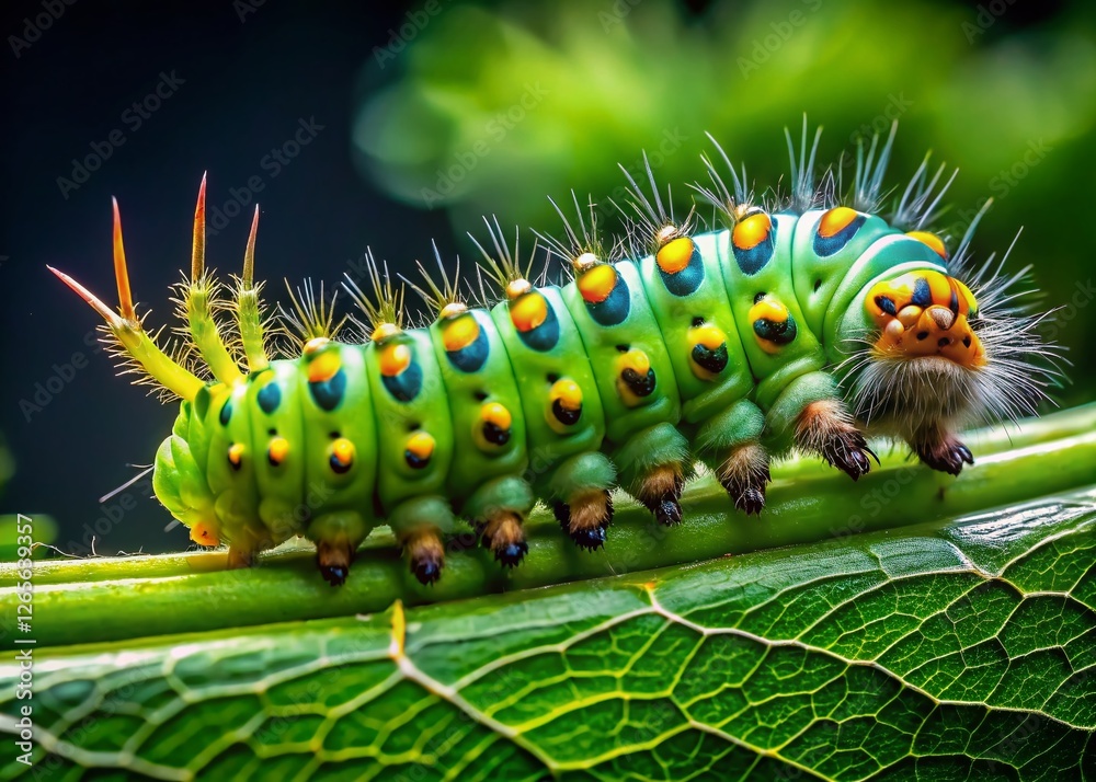 Close-up Macro Photography of a Vibrant Green Caterpillar on a Leaf Close-up Macro Photography of a Vibrant Green Caterpillar on a Leaf