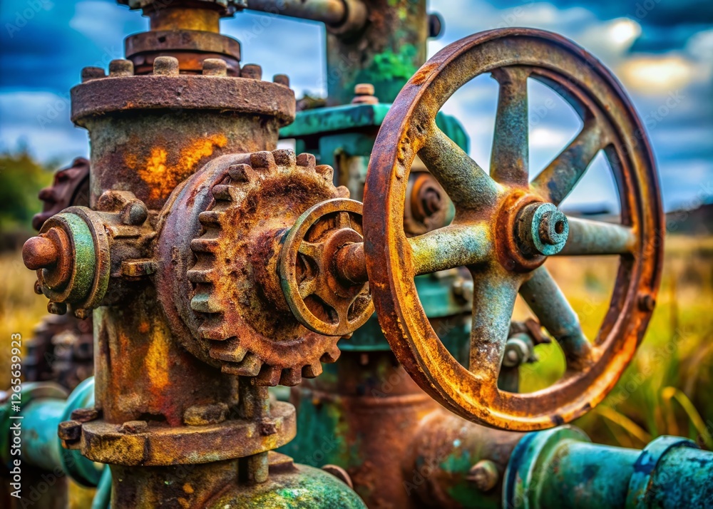 Close-up Macro Shot of a Rusty Farm Water Pump - Detailed Texture and Mechanics Close-up Macro Shot of a Rusty Farm Water Pump - Detailed Texture and Mechanics