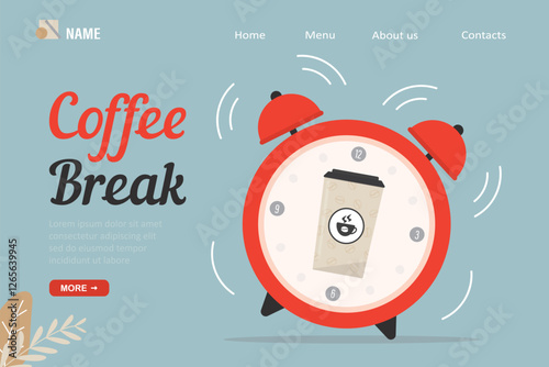 Coffee to go, red alarm clock jumping, notification. Coffee and break time, timeout, landing page template. Coffee cup in giant stopwatch.