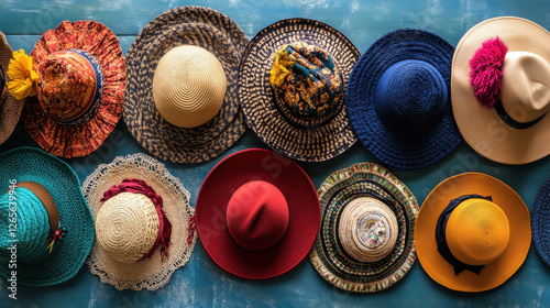 A vibrant and diverse collection of fashionable women's summer hats displayed on a textured blue surface evoking sunny days and stylish accessorizing