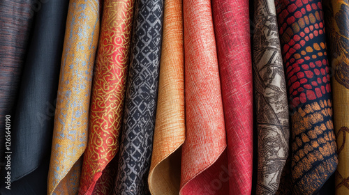 An array of vibrant and textured fabric swatches showcasing diverse patterns and color palettes suitable for interior design and textile projects