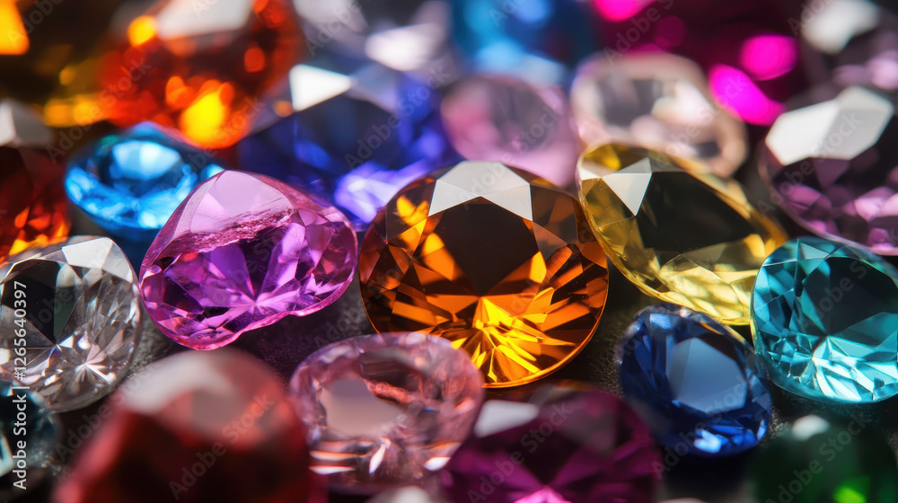A dazzling array of colorful gemstones showcases a stunning collection with varying shapes cuts and vibrant hues illuminating the facets and depths of each precious jewel A dazzling array of colorful gemstones showcases a stunning collection with varying shapes cuts and vibrant hues illuminating the facets and depths of each precious jewel