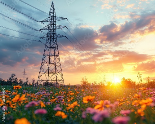 Power lines over a field of flowers at sunset.