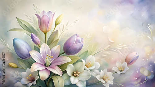 Watercolor floral background of blooming lilies and soft greenery in lavender and white, symbolizing purity and Easter spirit, vibrant and cheerful, with copy space  