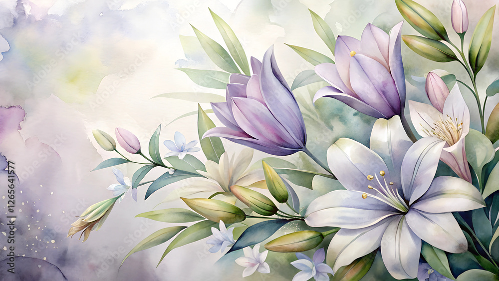Fototapeta premium Watercolor floral background of blooming lilies and soft greenery in lavender and white, symbolizing purity and Easter spirit, vibrant and cheerful, with copy space 