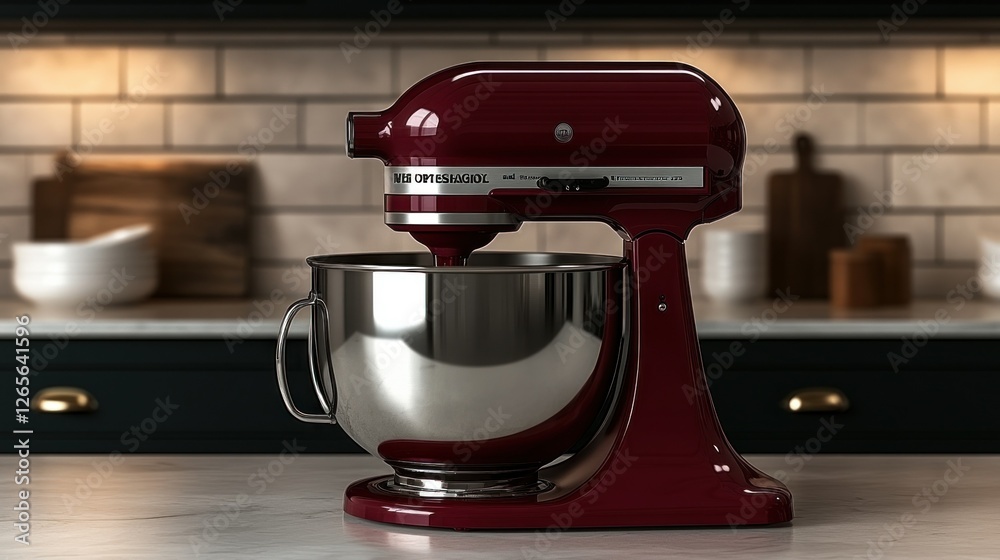 Fototapeta premium Modern red stand mixer in kitchen, preparing food, brick backsplash. Use Product photography