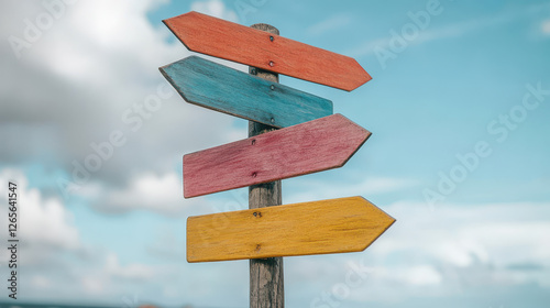 A weathered wooden post topped with brightly painted direction signs points towards different paths under a partly cloudy sky offering a sense of adventure and choice