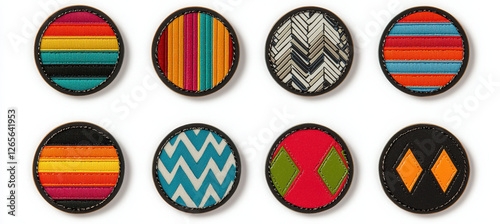 Colorful embroidered badge set with vibrant geometric and striped patterns Free Download Colorful embroidered badge set with vibrant geometric and striped patterns - GFXLoad