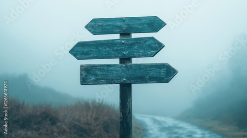 A weathered wooden signpost stands at a crossroads on a foggy road offering multiple direction choices in a serene natural landscape creating a mysterious atmosphere