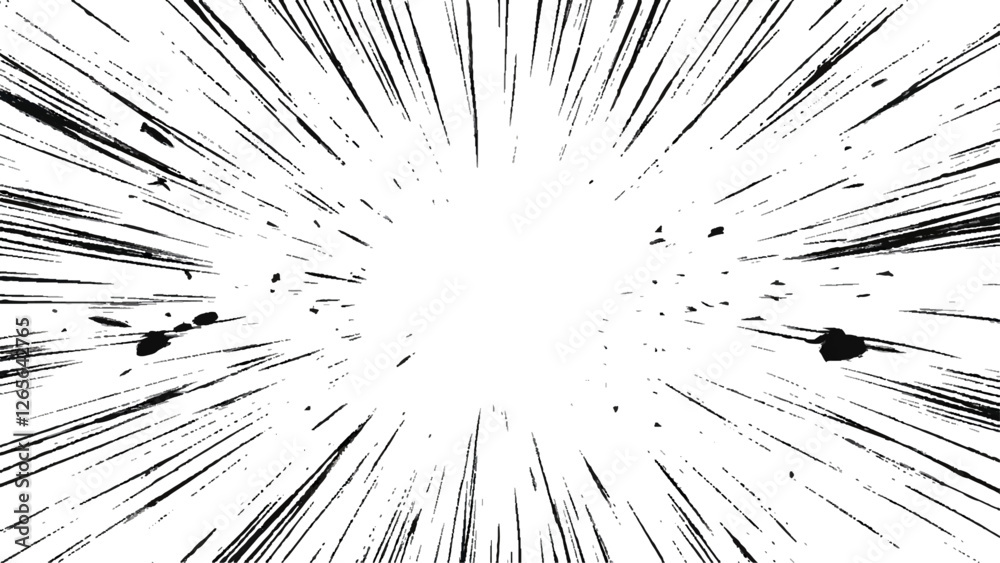Obraz premium Bokeh black lines on white transparent background, black radial lines and splatter effects on a transparent background, creating an explosive dynamic visual effect.