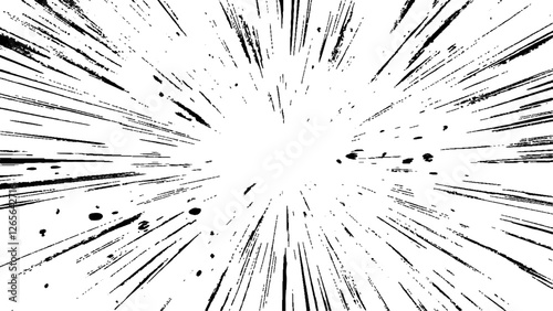 Bokeh black lines on white transparent background, black radial lines and splatter effects on a transparent background, creating an explosive dynamic visual effect.
