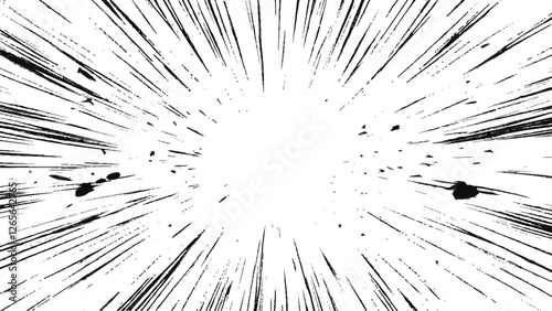 Bokeh black lines on white transparent background, black radial lines and splatter effects on a transparent background, creating an explosive dynamic visual effect.