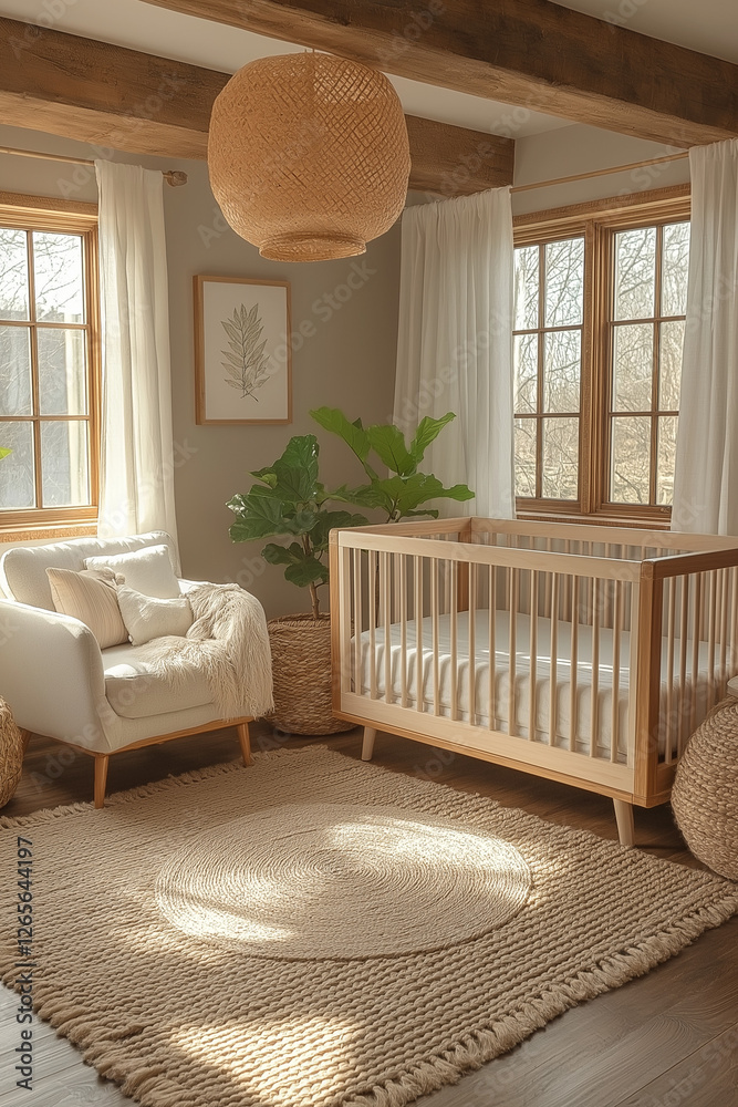 Photographie immobilière d’une chambre de bébé moderne avec des couleurs neutres, des textures douces et des accents en bois inspirés du style scandinave. HDR, 3D, design, tendance, architecte Photographie immobilière d’une chambre de bébé moderne avec des couleurs neutres, des textures douces et des accents en bois inspirés du style scandinave. HDR, 3D, design, tendance, architecte