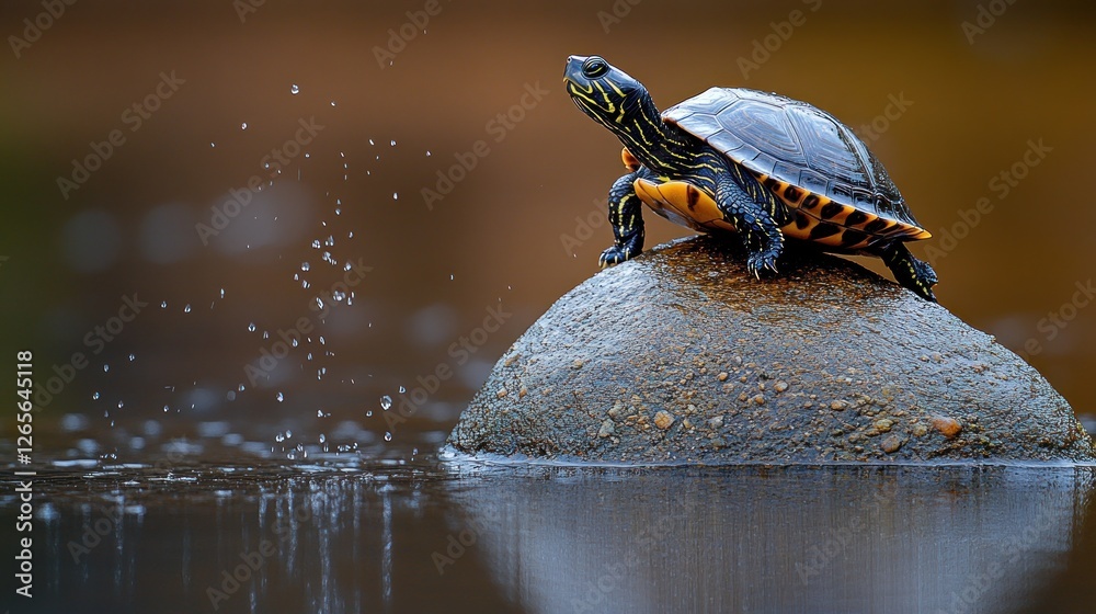 Fototapeta premium Turtle basking rock pond autumn wildlife nature