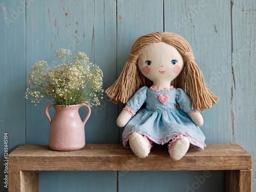 A small, handmade rag doll with yarn hair and a floral-patterned dress sits on a reclaimed wooden floating shelf.
