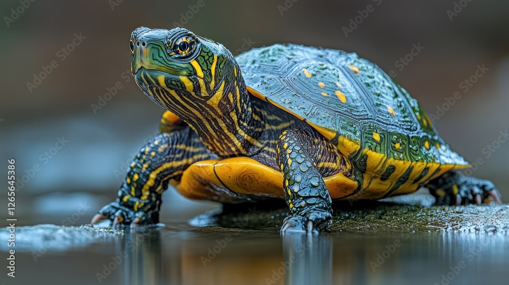 Turtle basking, pond, nature, closeup, wildlife, water Turtle basking, pond, nature, closeup, wildlife, water