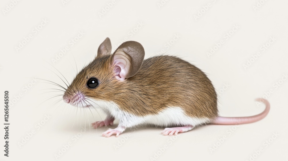 Profile of a small, brown and white house mouse against a plain background, ready for a close-up Profile of a small, brown and white house mouse against a plain background, ready for a close-up