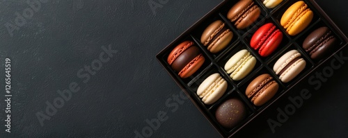 Artistic top-down shot of perfectly arranged macarons in a dark gift box, rich chocolate, vanilla, and red hues, luxurious dessert photography
