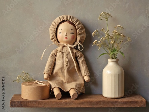 A vintage wooden doll sits on a floating shelf.