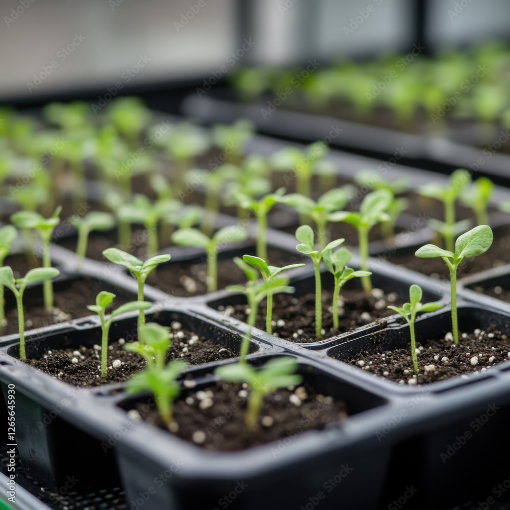 Close-up of healthy seedlings growing in a seedling tray, vibrant green, educational concept of early plant development Close-up of healthy seedlings growing in a seedling tray, vibrant green, educational concept of early plant development