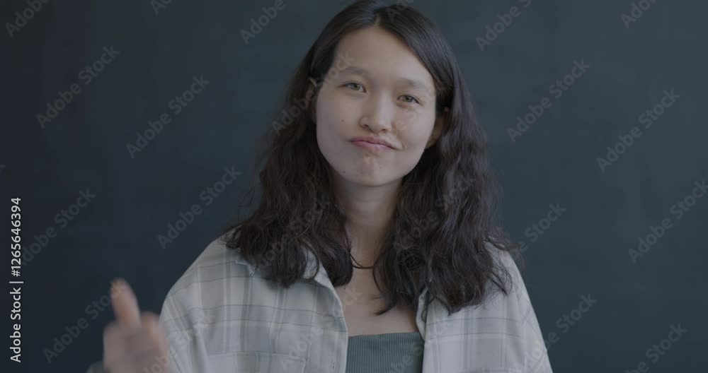 Portrait of disappointed Asian woman showing thumbs-down hand gesture shaking head on black color background. People and negative emotion concept. Portrait of disappointed Asian woman showing thumbs-down hand gesture shaking head on black color background. People and negative emotion concept.