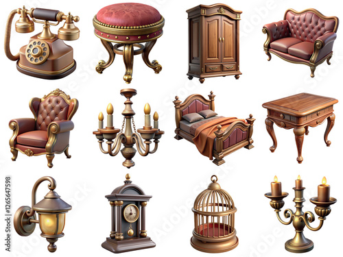 Antique vintage 3d furniture icons collection. Design elements