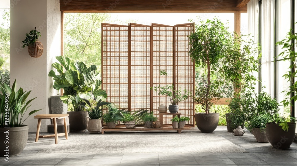 Fototapeta premium Indoor greenery thrives near a wooden screen in a sunlit space