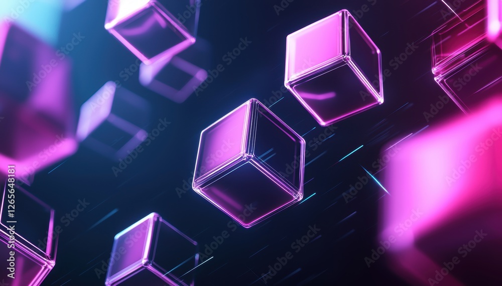 Abstract futuristic scene with glowing purple cubes floating in motion, depth perspective, radiant light streaks, high-tech digital aesthetic Abstract futuristic scene with glowing purple cubes floating in motion, depth perspective, radiant light streaks, high-tech digital aesthetic