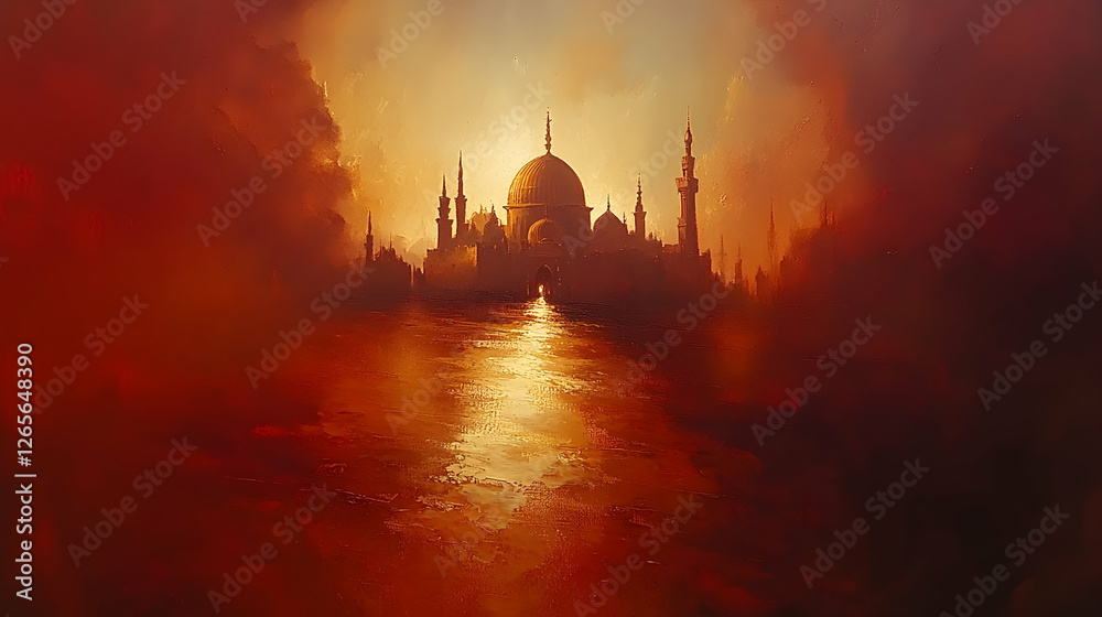 Obraz premium Golden Mosque Sunset, Calm Waters, Mystical Cityscape, Fantasy Art, Game Background