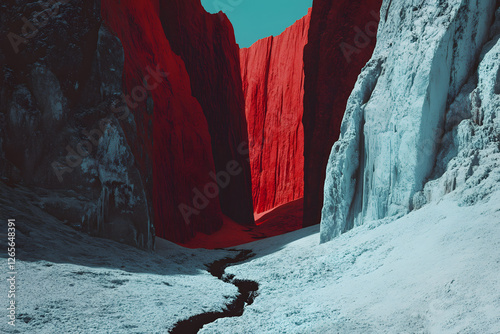 Red & Blue Canyon: Surreal Landscape with Stream