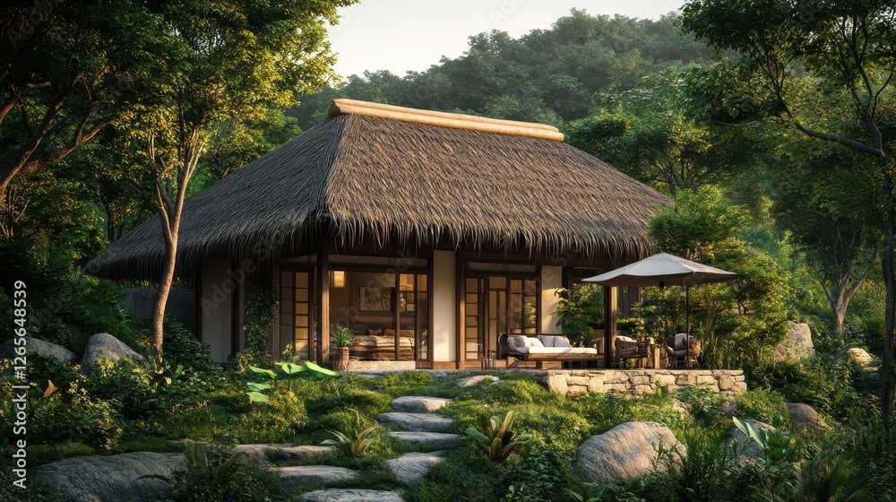 Thatched roof bungalow nestled in lush greenery provides tranquil setting Thatched roof bungalow nestled in lush greenery provides tranquil setting