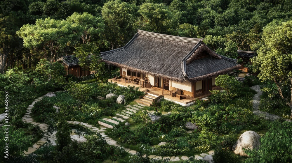 Traditional asian house nestled in lush green forest environment Traditional asian house nestled in lush green forest environment