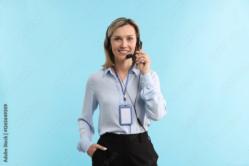 Technical support call center. Portrait of smiling operator on light blue background Technical support call center. Portrait of smiling operator on light blue background