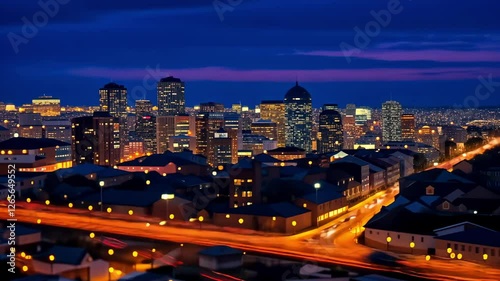 Wallpaper Mural A vibrant city skyline at dusk showcasing illuminated buildings and traffic against a colorful sunset backdrop. Torontodigital.ca