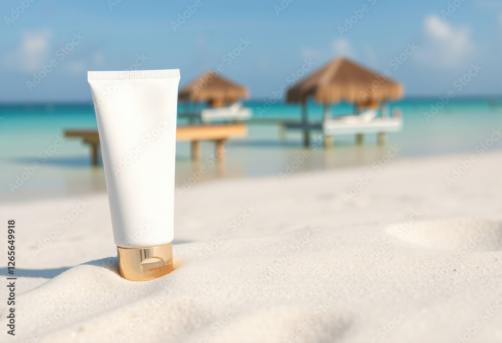 mockup of sunscreen tube on maldives beach on white sand and ocean, medical cosmetics concept mockup of sunscreen tube on maldives beach on white sand and ocean, medical cosmetics concept