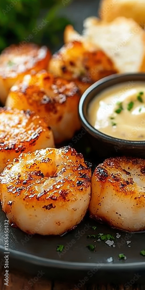 Roasted calamari slices with lemon and sauce. AI generative. Roasted calamari slices with lemon and sauce. AI generative.