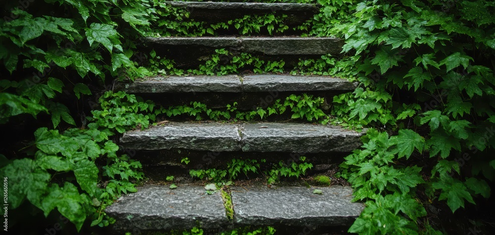 Abandoned stone stairway reclaimed by nature, ivy and moss creeping over weathered steps, leading into a lush, hidden forest sanctuary Abandoned stone stairway reclaimed by nature, ivy and moss creeping over weathered steps, leading into a lush, hidden forest sanctuary