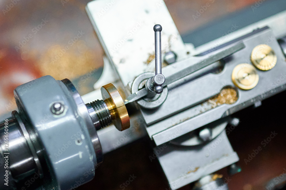 Fototapeta premium Precision shaping of metal on a small-sized lathe in a workshop environment