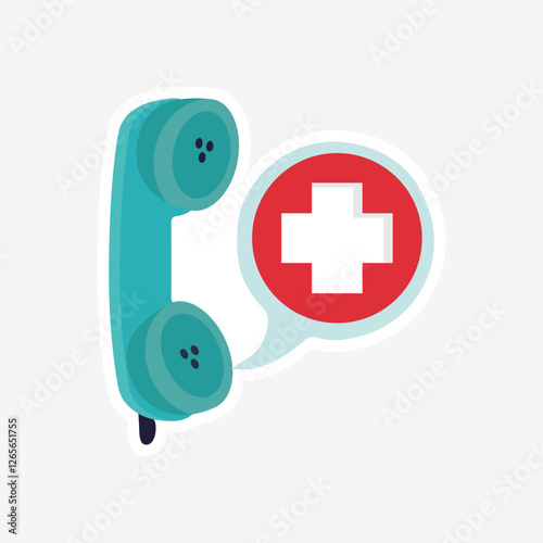 Emergency Call Vector Sticker - Medical Help Illustration. Vibrant emergency call vector sticker featuring a phone with a red cross symbol. Perfect for healthcare, medical, and emergency designs