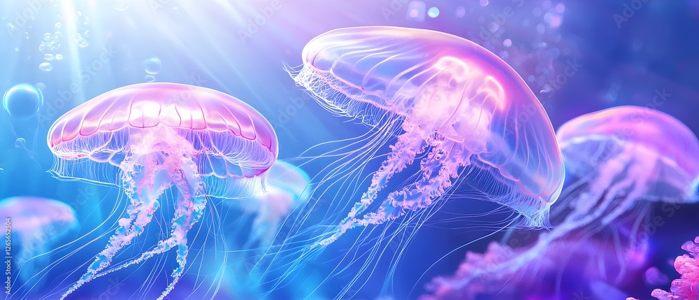 Obraz premium Three jellyfish are swimming in the ocean