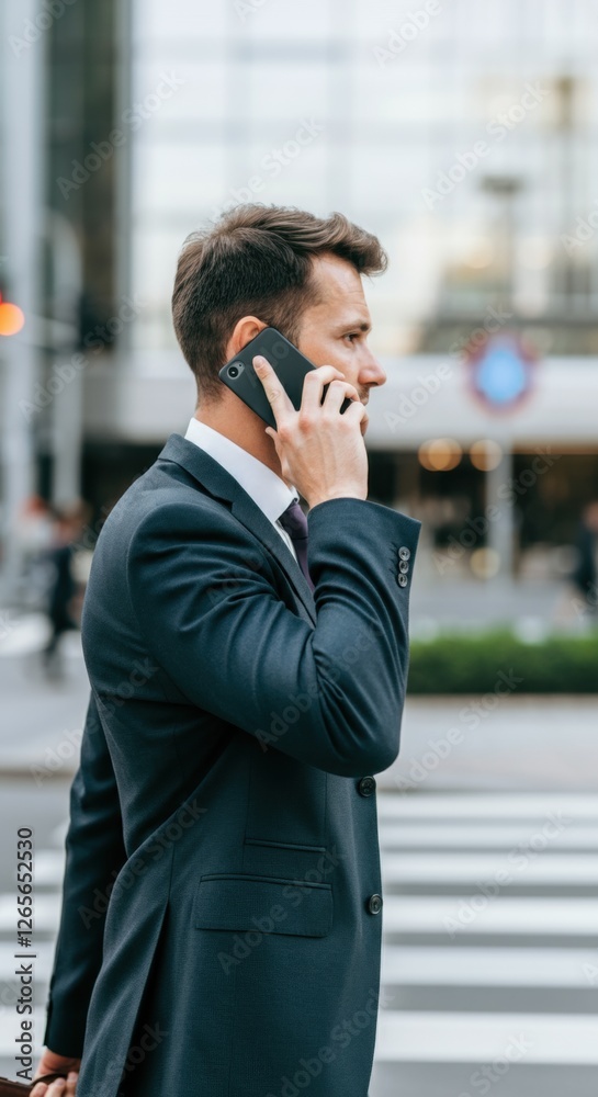 Businessman in suit talking on smartphone crossing busy city street Businessman in suit talking on smartphone crossing busy city street