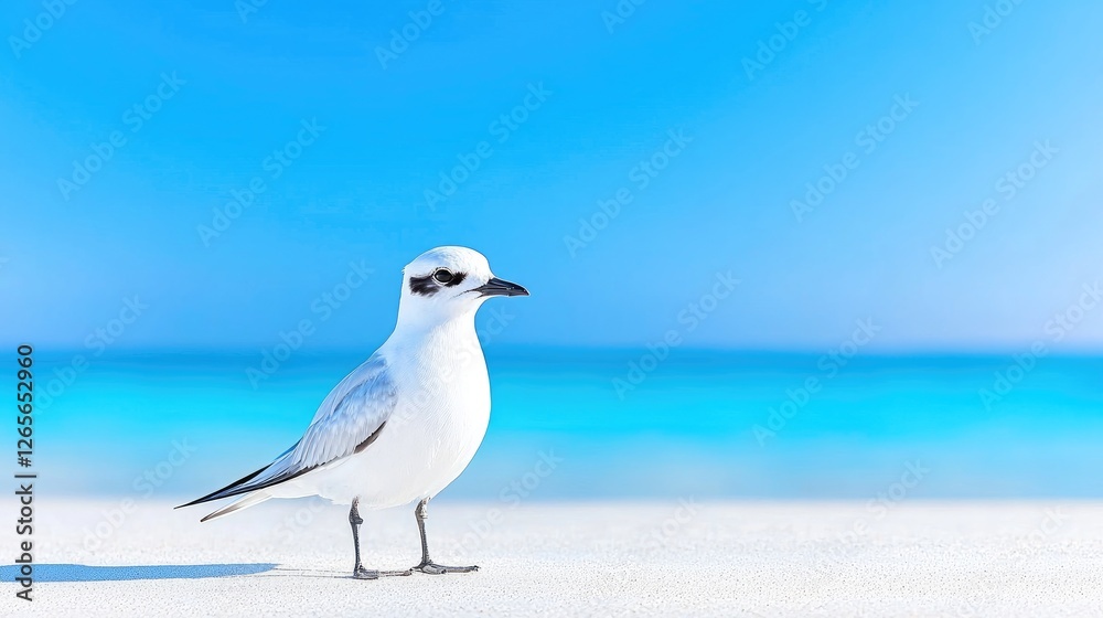 White seabird on tropical beach, ocean background, summer vacation White seabird on tropical beach, ocean background, summer vacation