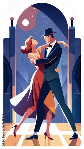 A couple dancing a waltz with elegant expressions in a romantic nighttime setting