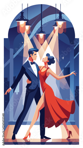 A couple dancing ballroom dance with elegant expressions under dramatic lighting in a glamorous setting