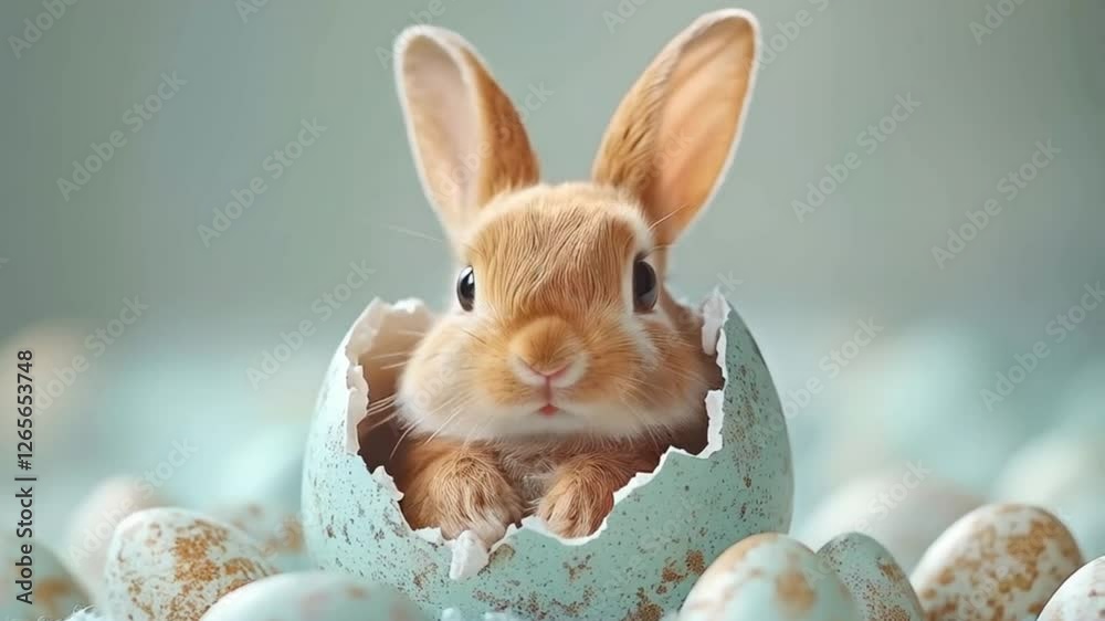 Broken Easter egg with a bunny inside 