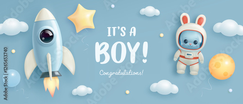 Baby shower banner, invitation, greeting card design template. Baby birth vector wallpaper with 3d rocket and astronaut rabbit. It's a boy. Welcome baby billboard. Arrival background
