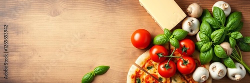 Fresh ingredients like tomatoes, basil, cheese, and mushrooms arranged in a frame formation on a wooden background, preparation, cheese, background photo