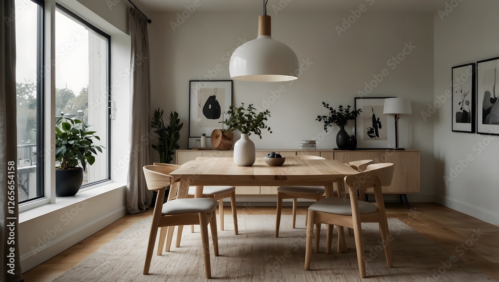 Fototapeta premium Bright dining room with wood table, vase centerpiece, wall art, sideboard, and hanging light fixture