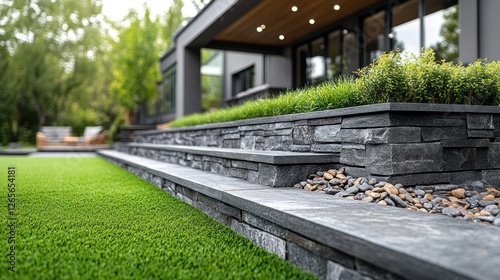 Modern stone retaining wall steps, backyard landscaping, modern home exterior